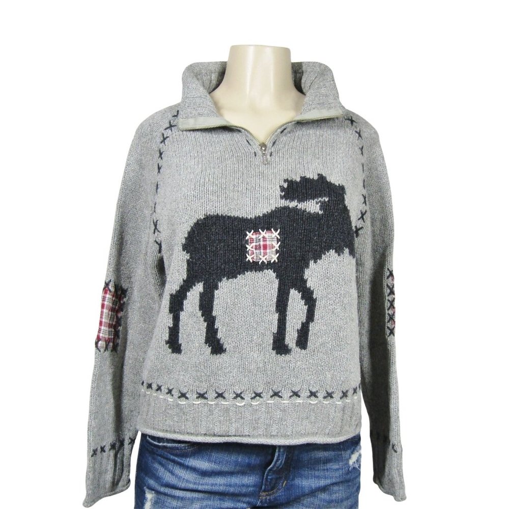 Coldwater Creek Novelty Moose Gray Quarter Zip Crop Sweater Pullover M